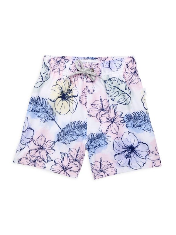 Vintage Summer Little Boy's Leaf Print Swim Shorts